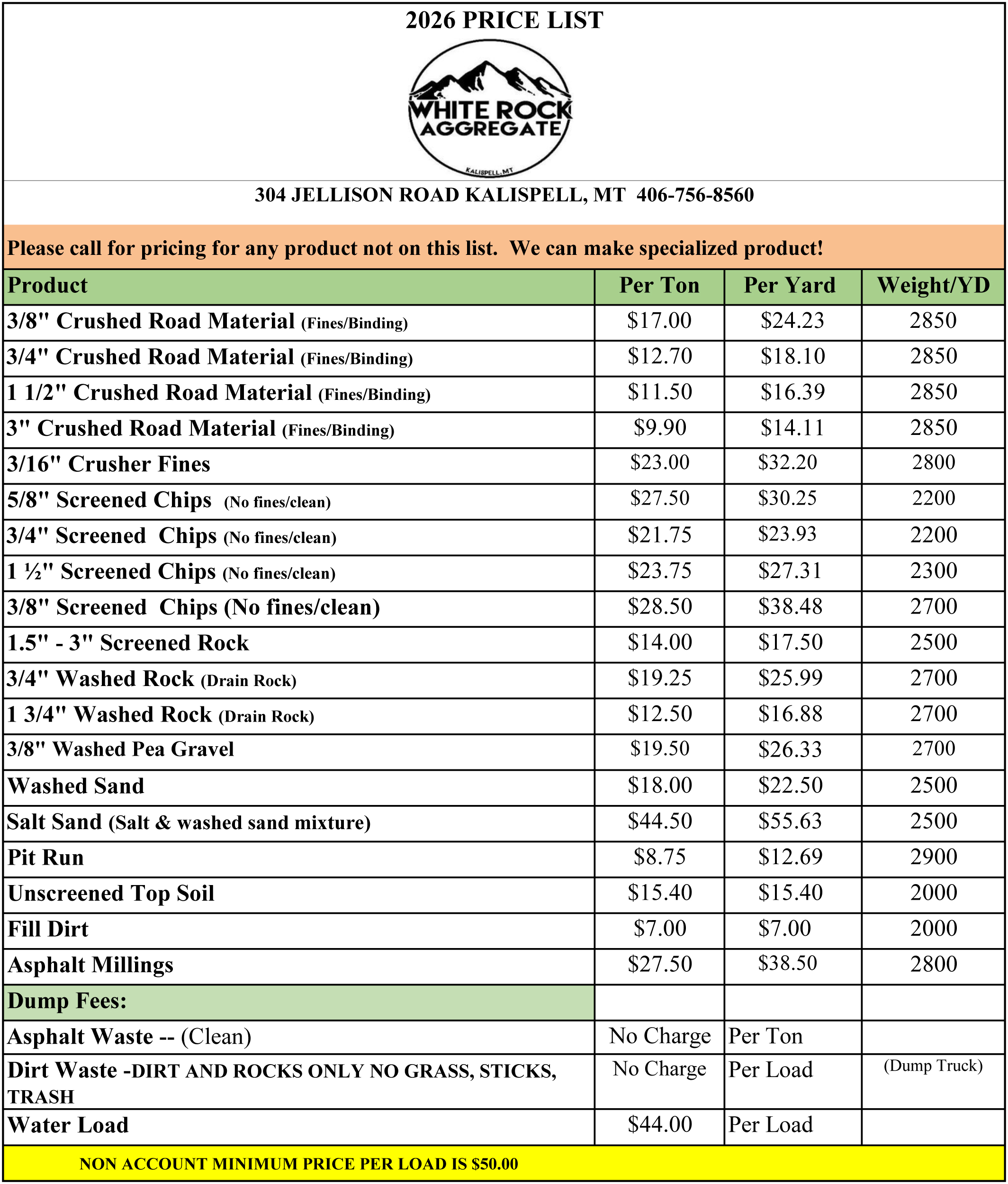 WRA MSRP PRICE LIST 2026
